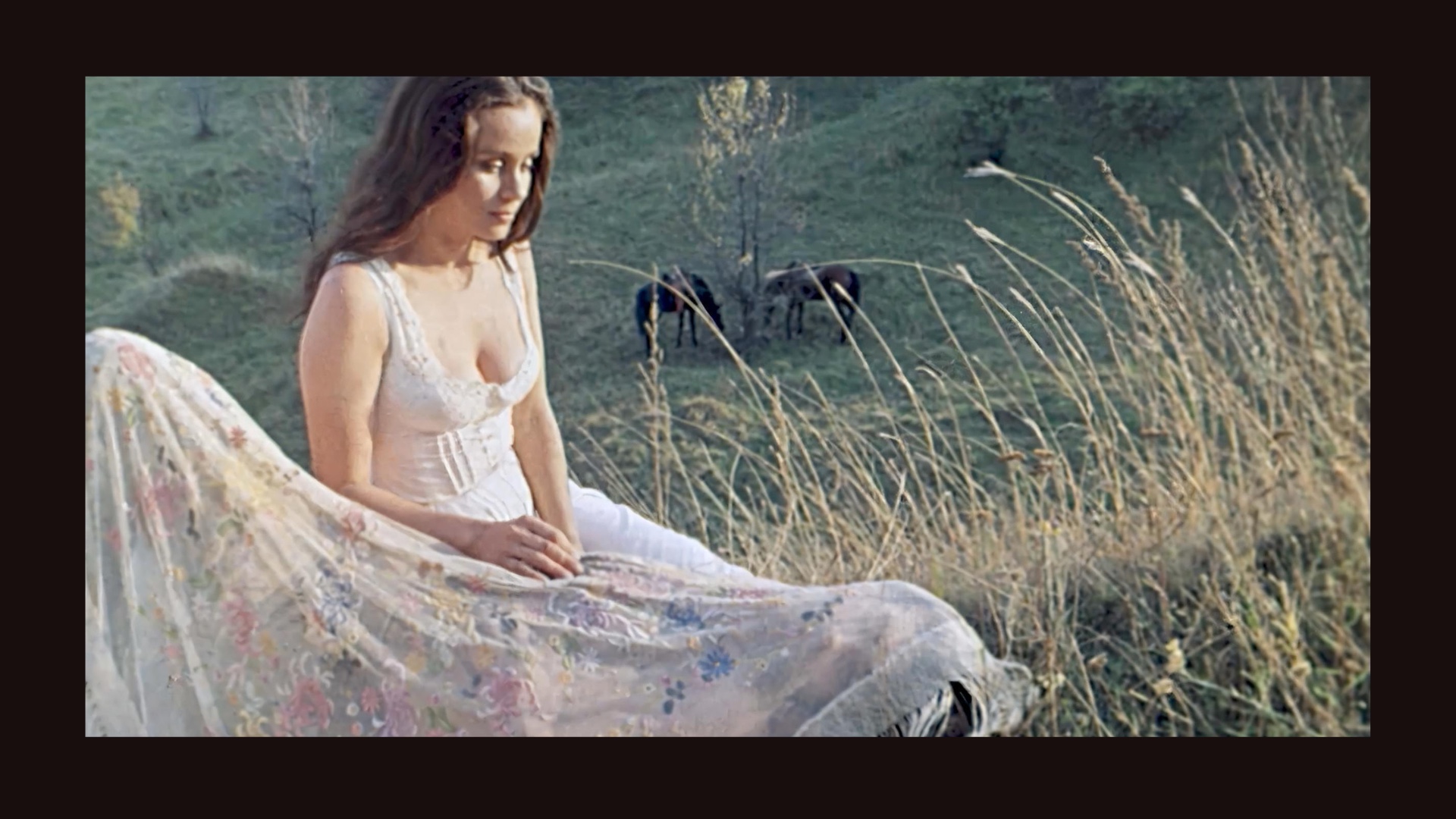 Young girl white dress green scenery