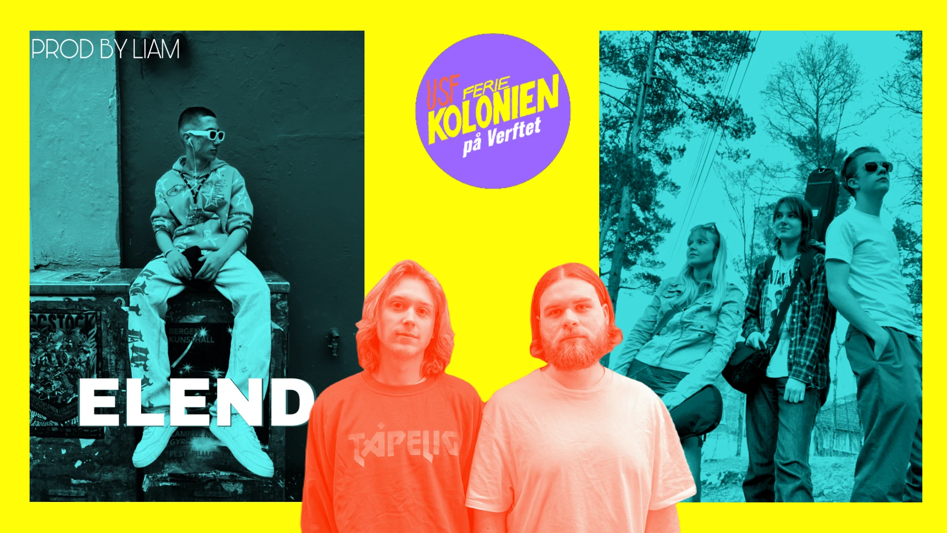 ILLUSTRASJON MED BAND OG LOGO FOR EGGSTOCK I FERIEKOLONIEN USF VERFTET