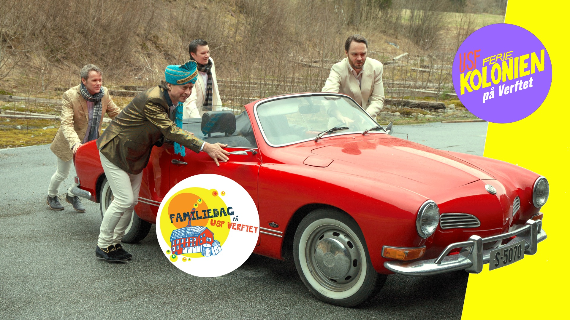 illustrasjon til Familiedag på YSF Verftet Good Time Charlie dytter en rød bil