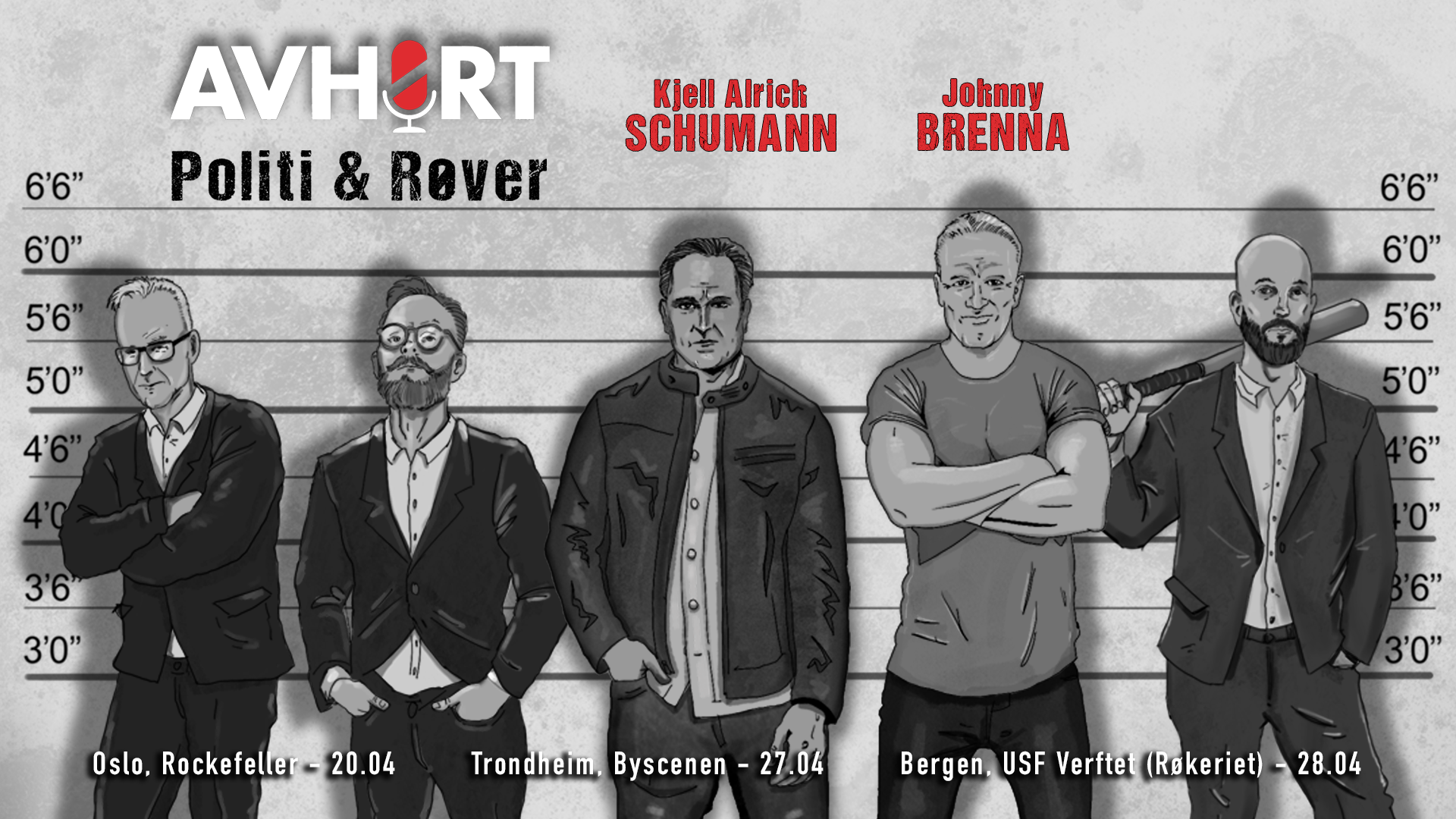 Illustrasjon av personene som er med i Avhørt - politi og røver live podcast USF Verftet